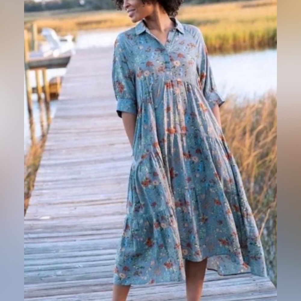 NATURAL LIFE Blue Pink Smocked Midi Sundress